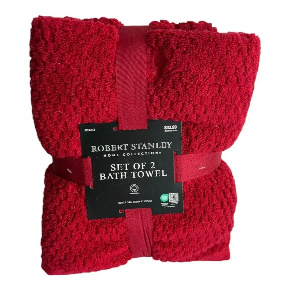 Robert Stanley 2 Piece Set 30” x 54” Red Bath Towels Home Collection Soft NEW